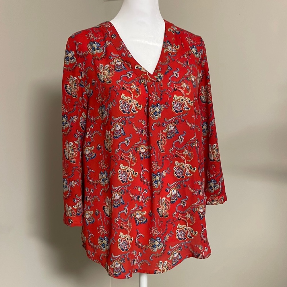 Cynthia Rowley Red Blue Floral long sleeve Blouse